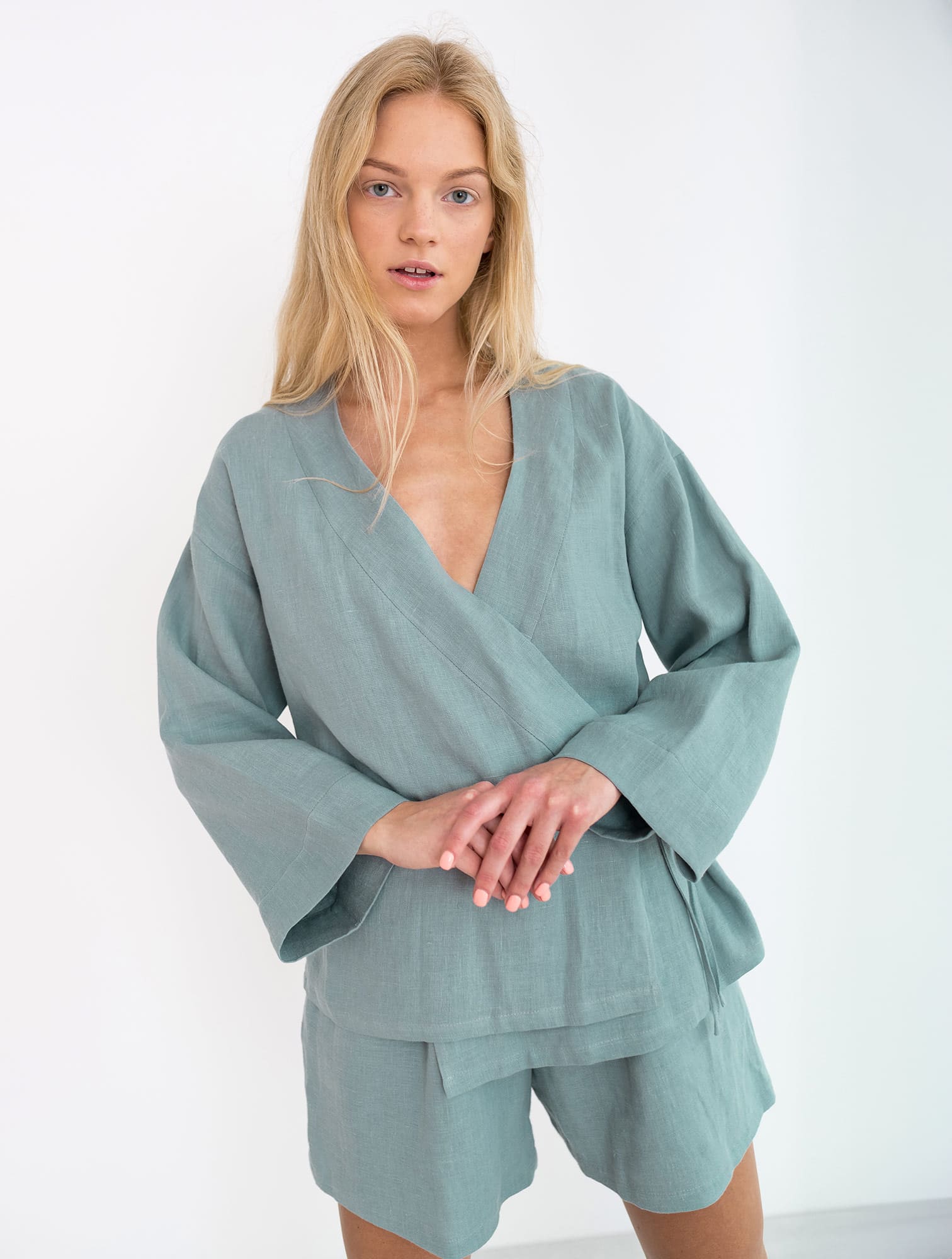 Linen Wrap Top and Shorts Set